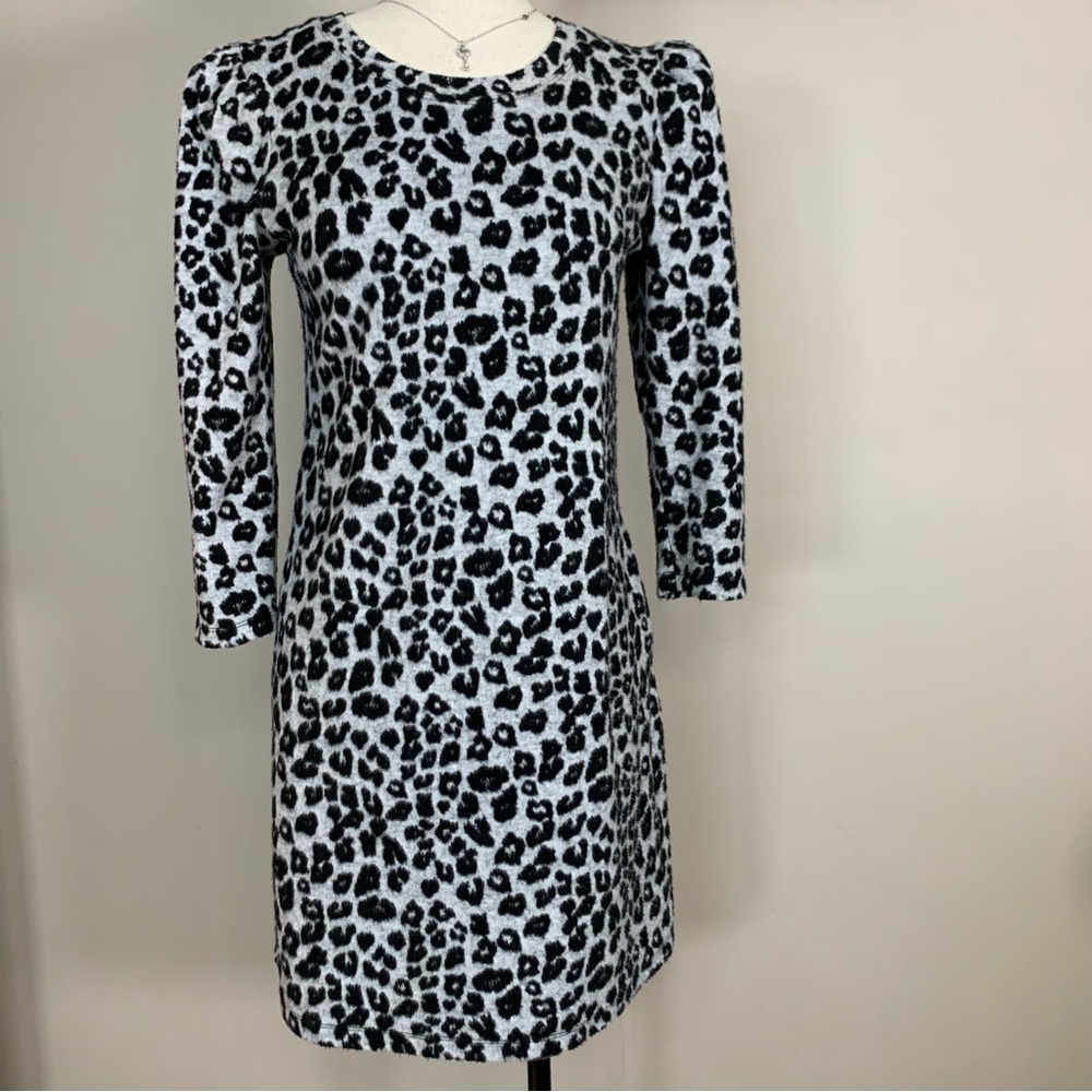 Above Knee Lightweight Fleece Cheeta Print Dress Black Light Gray Women's Size S